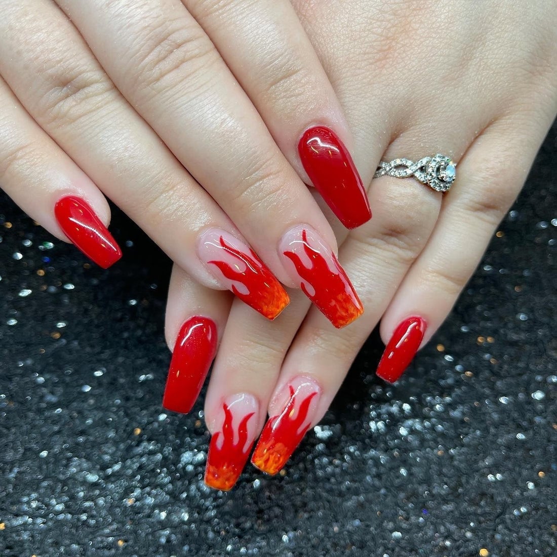 Red Pink Flame Design Glitter Long Stiletto Nails Red Pink Flame Design Glitter Long Stiletto Nails — Classy Flame Nails