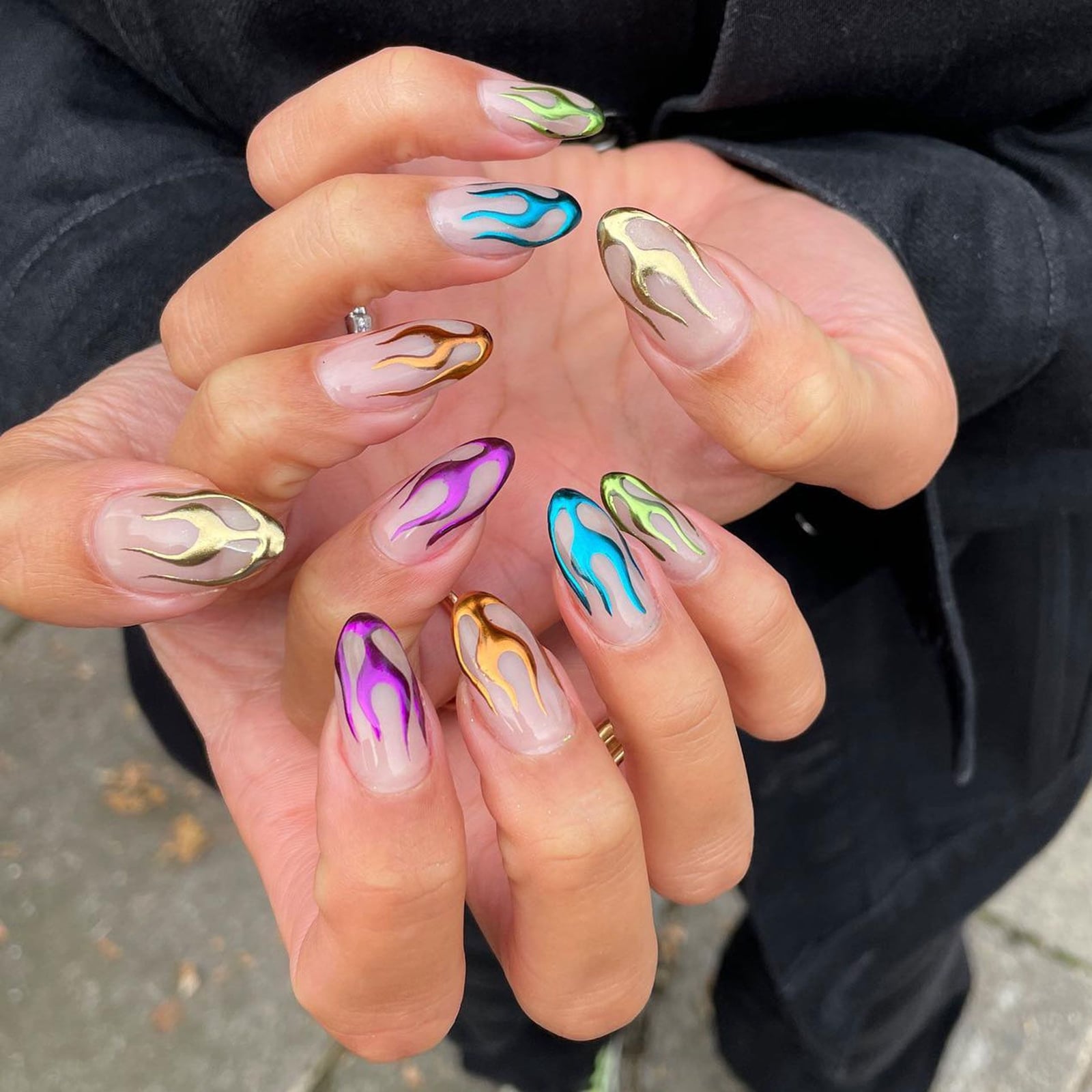Multi-Color Metallic Flame Decals Long Almond Nails Multi-Color Metallic Flame Decals Long Almond Nails — Classy Flame Nails