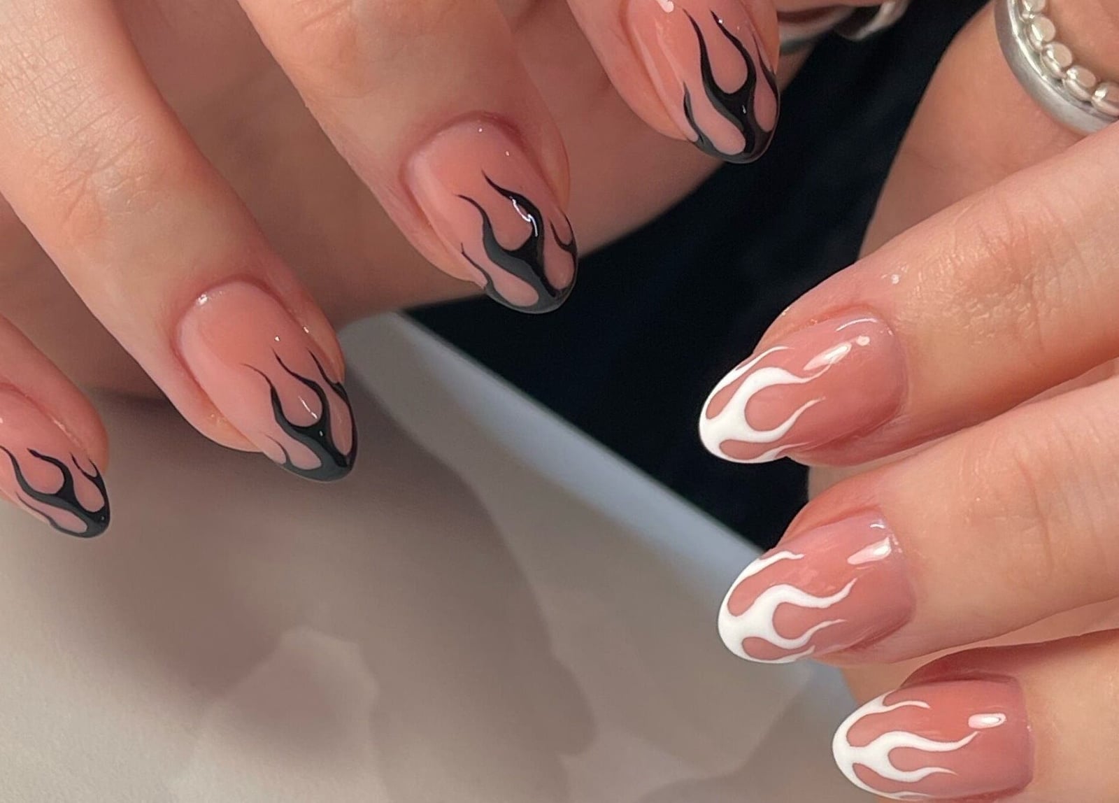 Sheer Pink Delicate Black and White Flame Art Sheer Pink Delicate Black and White Flame Art — Classy Flame Nails
