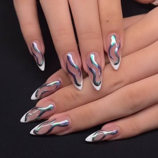 Iridescent Silver Blue Swirls Long Stiletto Nails Iridescent Silver Blue Swirls Long Stiletto Nails — Classy Flame Nails