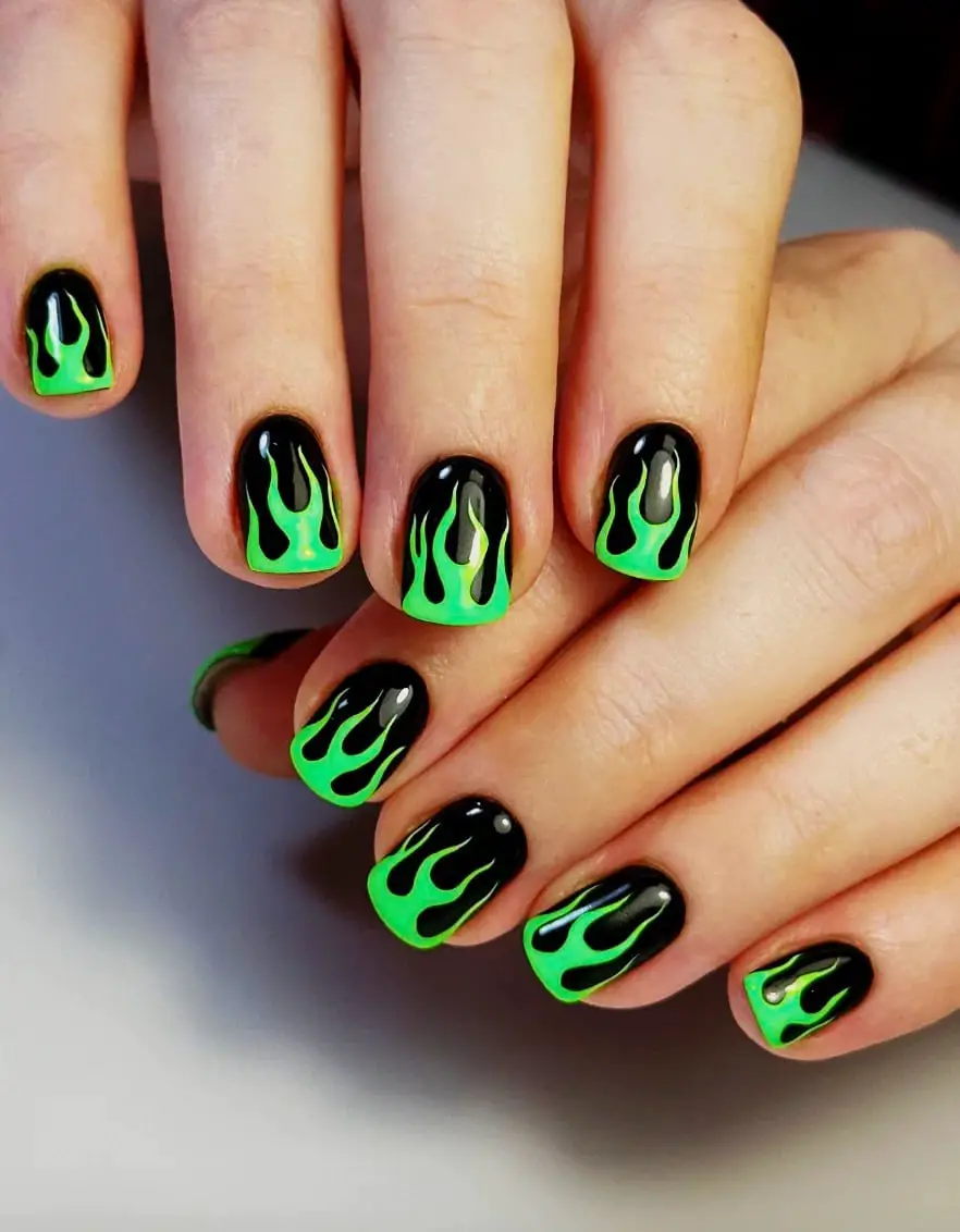 Neon Green Flame Design Glossy Black Short Oval Neon Green Flame Design Glossy Black Short Oval — Classy Flame Nails