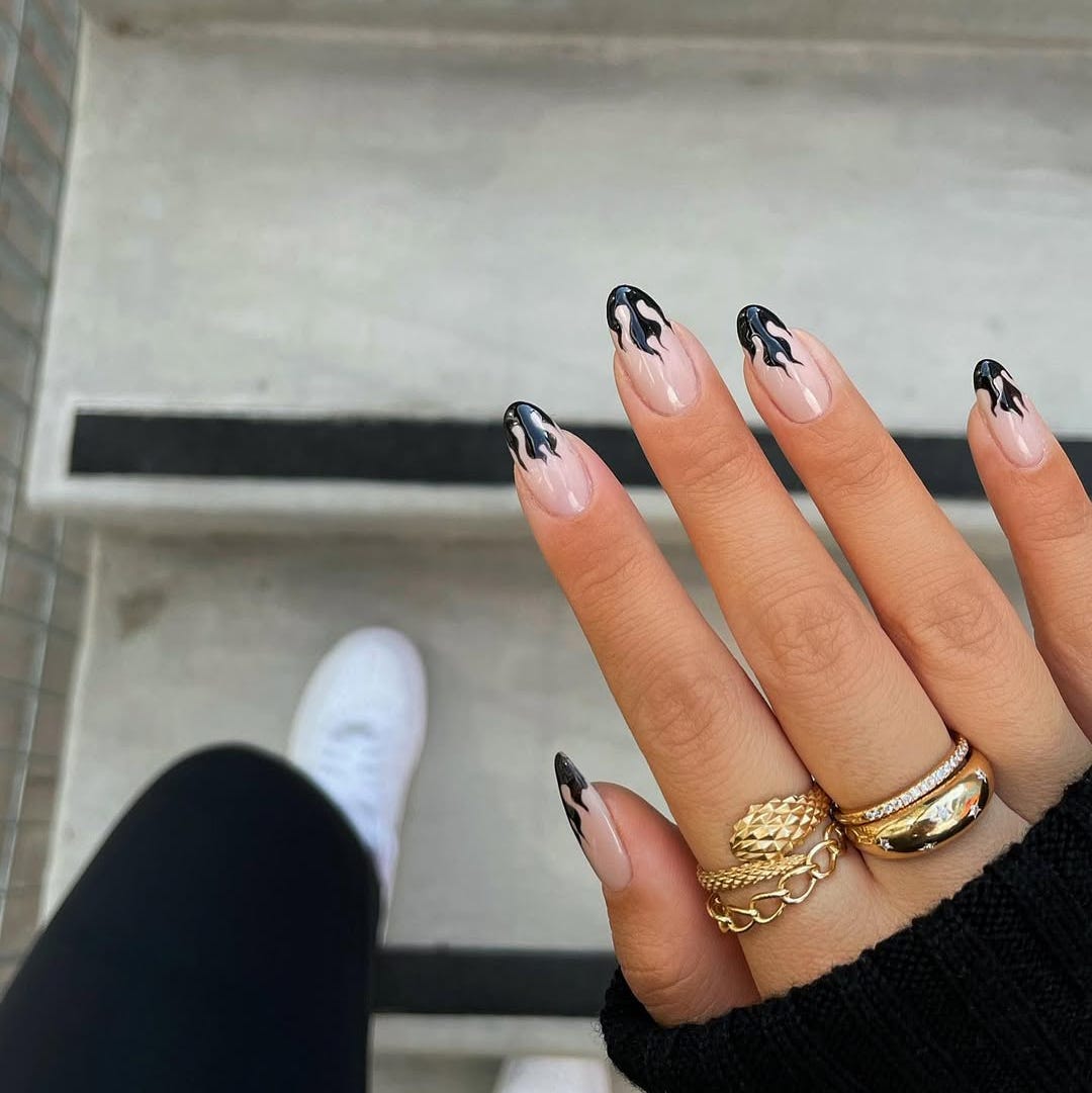 Black Flame French Tips Medium Almond Nails Black Flame French Tips Medium Almond Nails — Classy Flame Nails