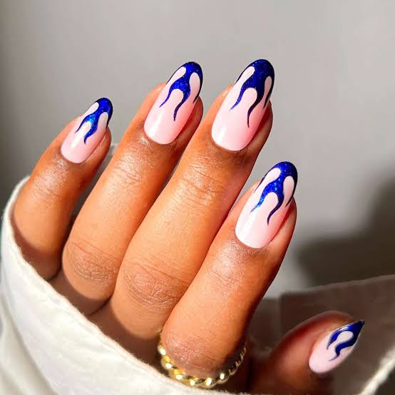 Blue Flame Accent Short Oval Nails With Glitter Blue Flame Accent Short Oval Nails With Glitter — Classy Flame Nails