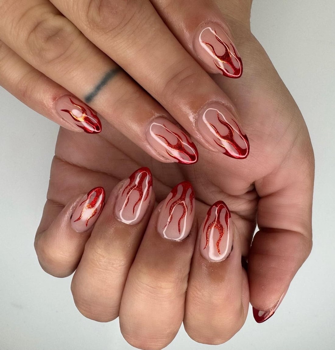 Red Orange Flame Design Medium Almond Nails Red Orange Flame Design Medium Almond Nails — Classy Flame Nails