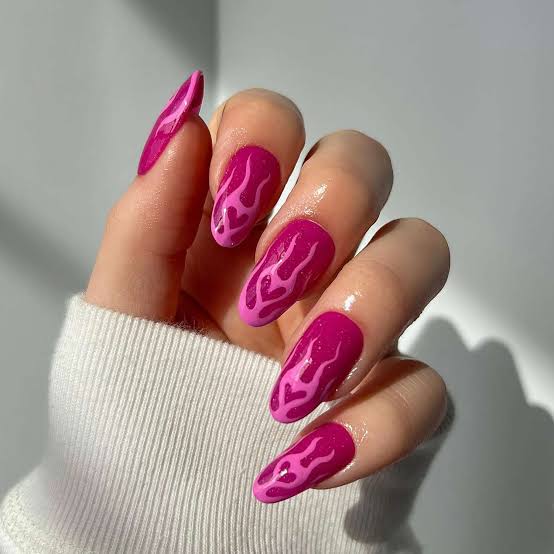 Hot Pink Lighter Pink Flame Art Medium Almond Hot Pink Lighter Pink Flame Art Medium Almond — Classy Flame Nails