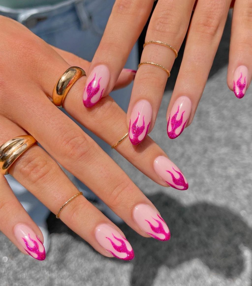 Hot Pink Glitter Flame Art Medium Almond Nails, Close-Up Take Hot Pink Glitter Flame Art Medium Almond Nails, Close-Up Take — Classy Flame Nails