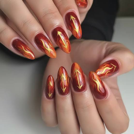 Red Orange Flames Golden Arrows Medium Almond Red Orange Flames Golden Arrows Medium Almond — Classy Flame Nails
