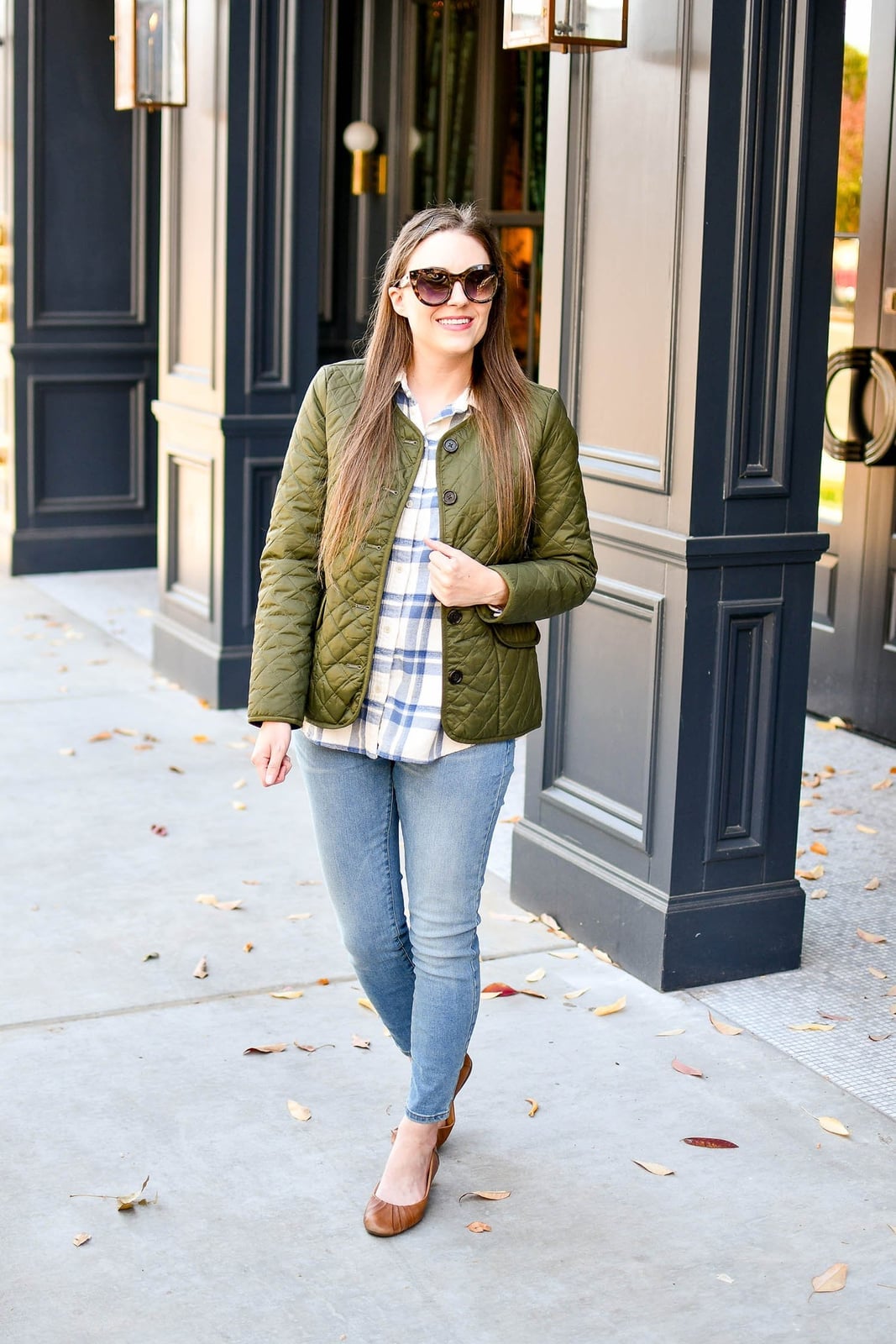 Blue White Plaid Shirt Under Green Quilted Jacket Blue White Plaid Shirt Under Green Quilted Jacket — Classy Flannel Outfits