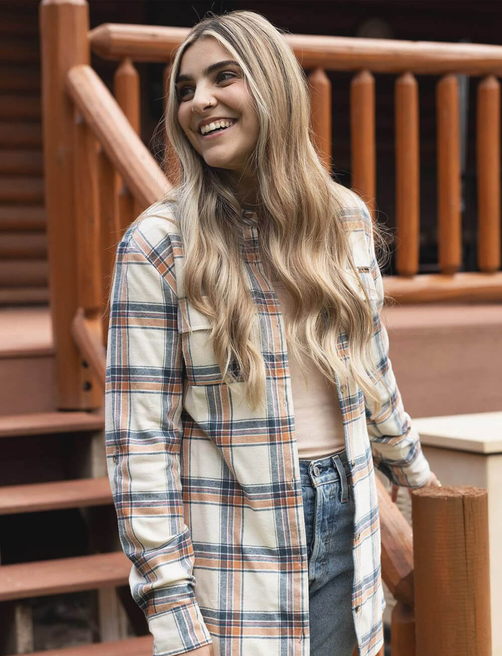 Cream Blue Orange Plaid Flannel With Straight Leg Jeans Cream Blue Orange Plaid Flannel With Straight Leg Jeans — Classy Flannel Outfits