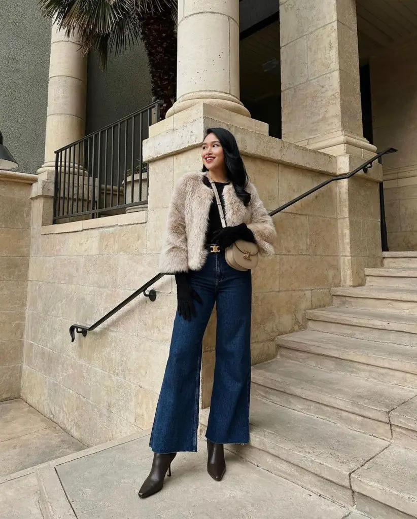 Casual Dark Wash Wide Leg Jeans With Faux Fur Jacket Casual Dark Wash Wide Leg Jeans With Faux Fur Jacket — Classy Flare Jeans Outfits