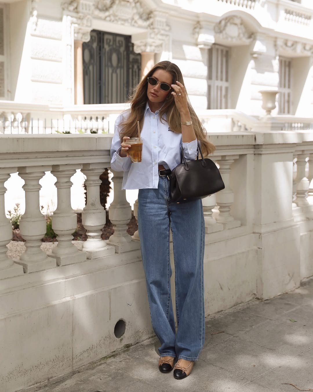 Medium Wash Wide Leg Jeans With Striped Button-Down Shirt Medium Wash Wide Leg Jeans With Striped Button-Down Shirt — Classy Flare Jeans Outfits