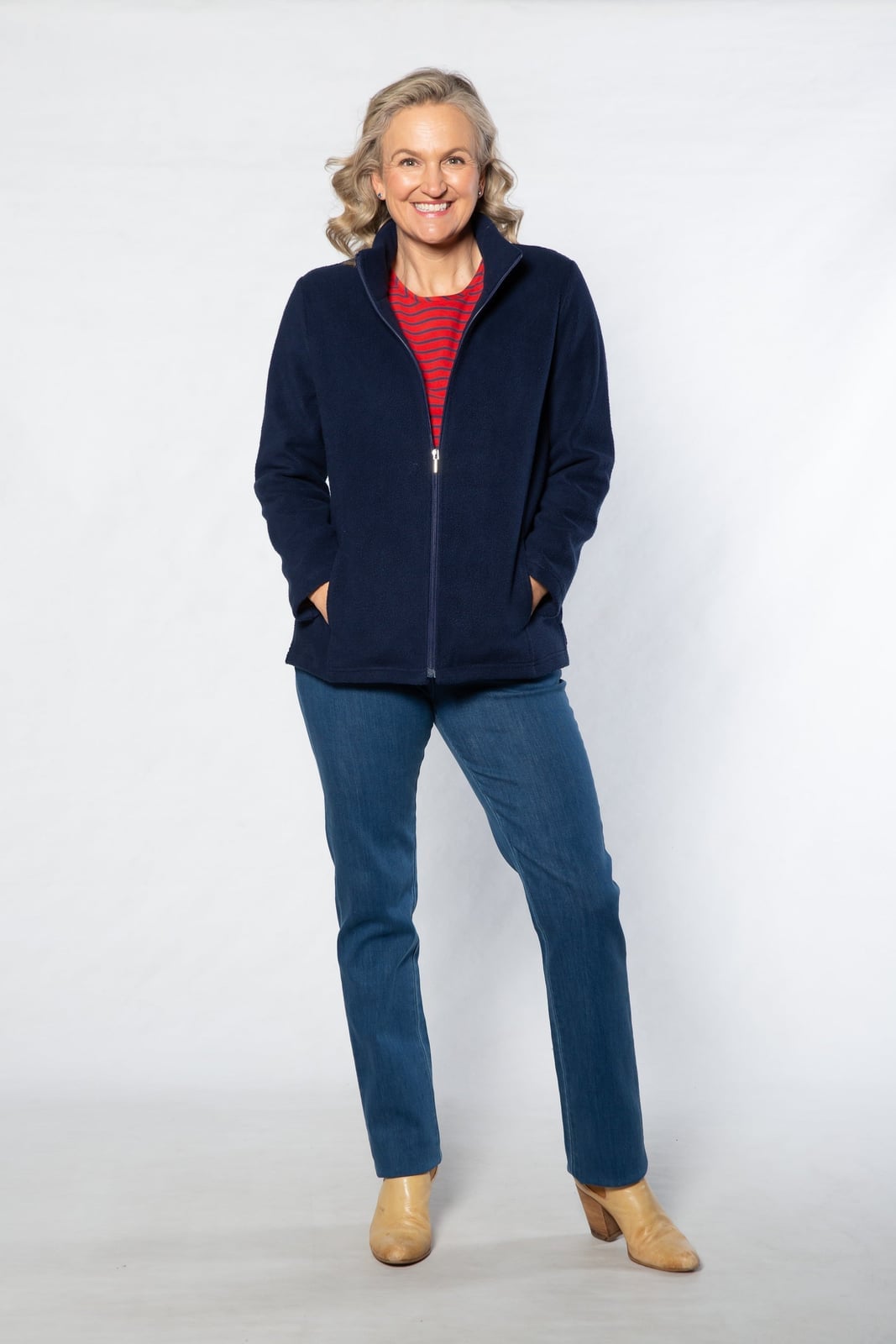 Navy Fleece Zip Jacket with Red Stripes Navy Fleece Zip Jacket with Red Stripes — Classy Fleece Outfits