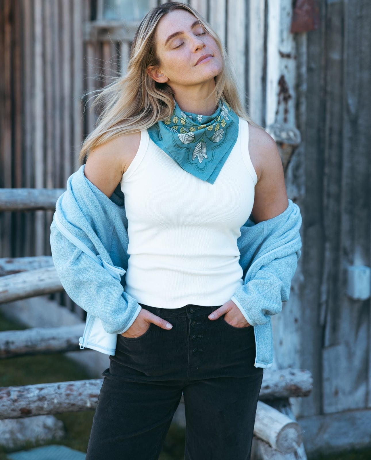 Light Blue Fleece Jacket with Black Trousers Light Blue Fleece Jacket with Black Trousers — Classy Fleece Outfits