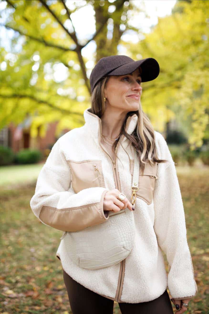 Cream Fleece Jacket with Faux-Leather Accents Cream Fleece Jacket with Faux-Leather Accents — Classy Fleece Outfits