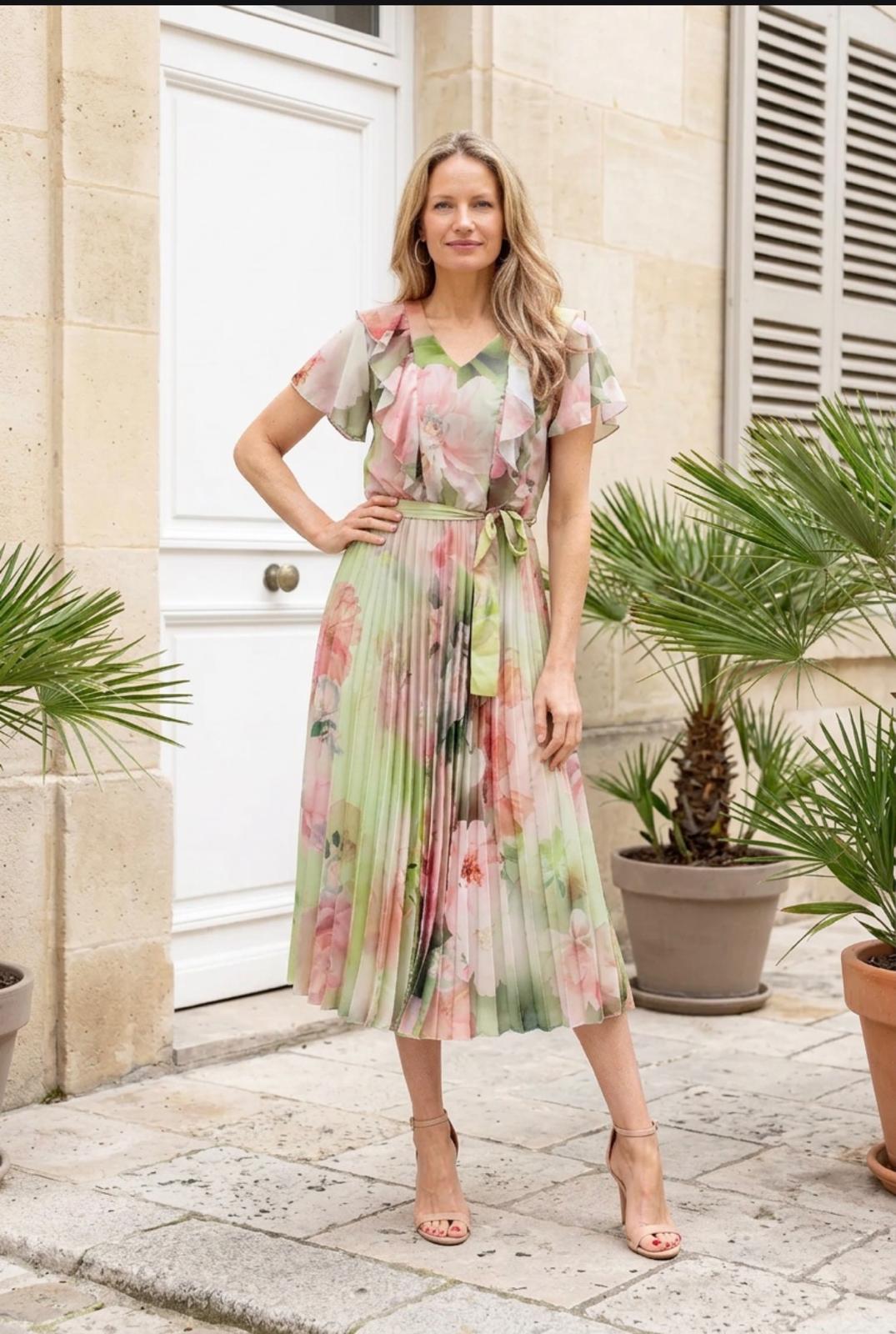 Green and Pink Floral Midi Dress with Pleated Skirt Green and Pink Floral Midi Dress with Pleated Skirt — Classy Floral Outfits
