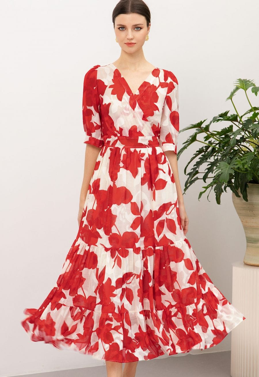 Red Floral Burnout Chiffon Maxi Dress Red Floral Burnout Chiffon Maxi Dress — Classy Floral Outfits
