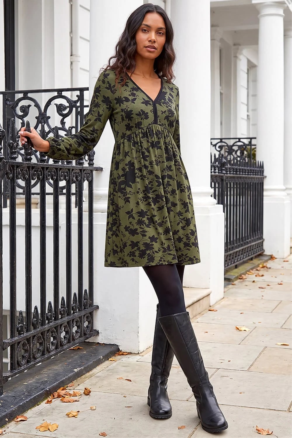 Olive Green Mini Dress with Black Floral Print Olive Green Mini Dress with Black Floral Print — Classy Floral Outfits