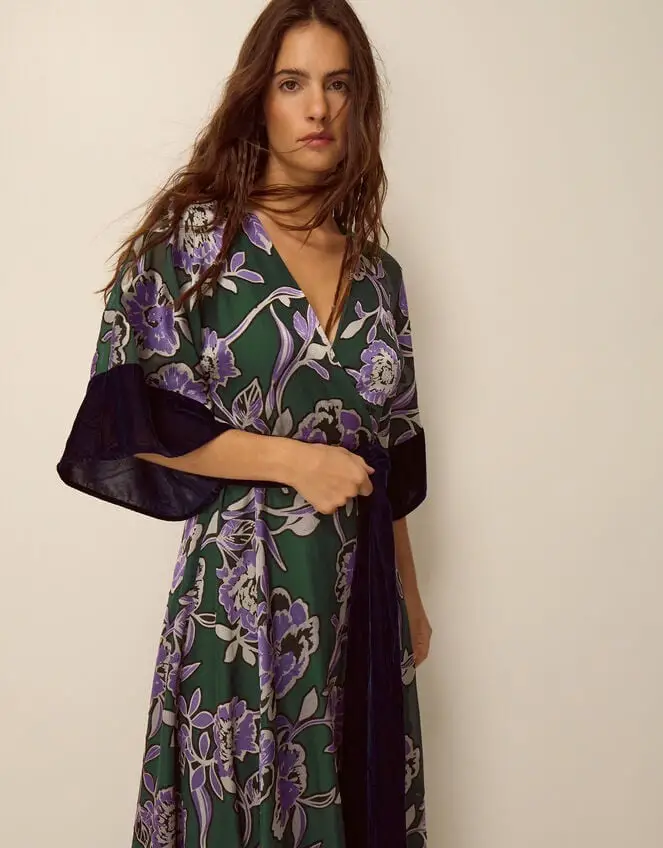 Green Floral Wrap Maxi Dress with Velvet Trim Green Floral Wrap Maxi Dress with Velvet Trim — Classy Floral Outfits
