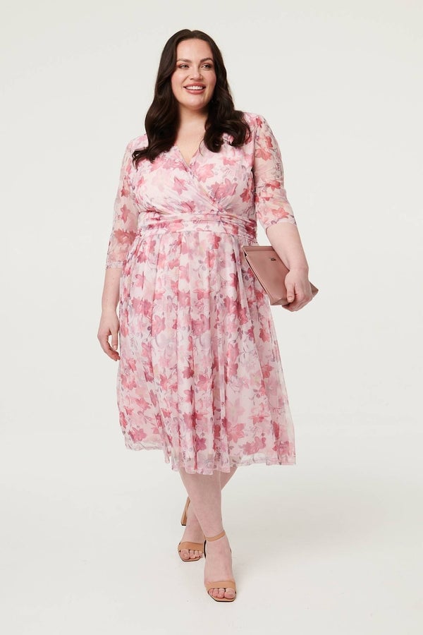 Pink Floral Wrap Midi Dress with Lace Sleeves Pink Floral Wrap Midi Dress with Lace Sleeves — Classy Floral Outfits