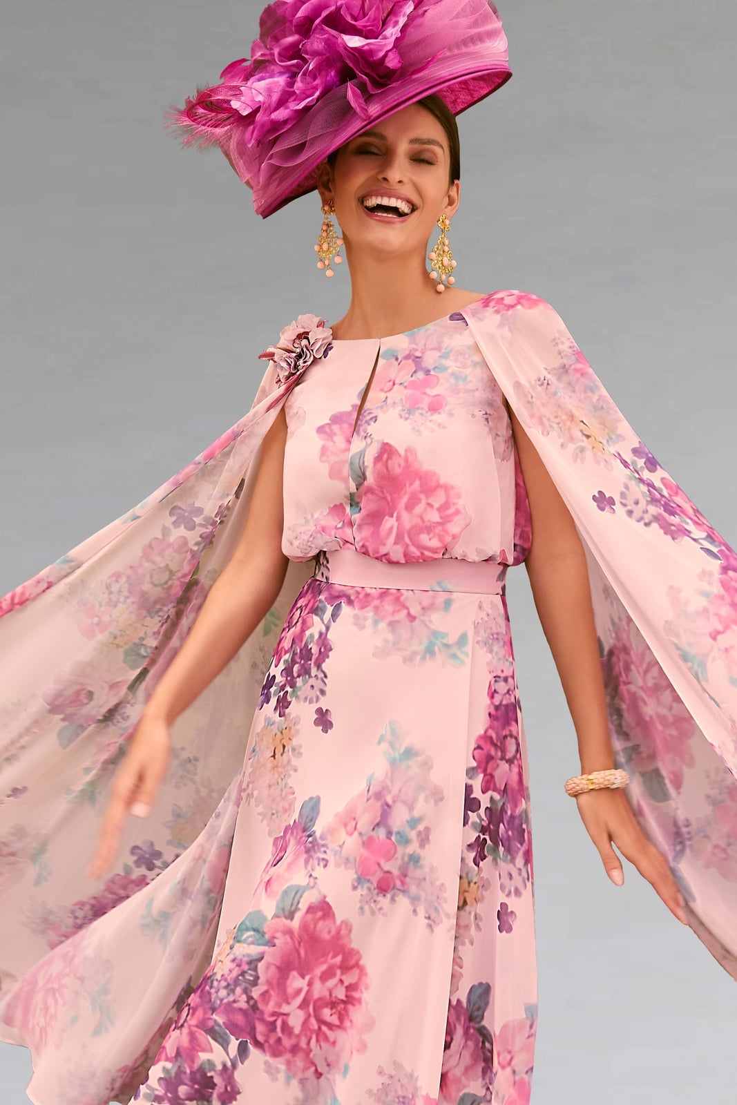 Floral A-Line Dress with Chiffon Cape Floral A-Line Dress with Chiffon Cape — Classy Floral Outfits