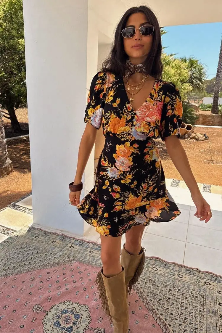 Black Mini Tea Dress with Bold Floral Print Black Mini Tea Dress with Bold Floral Print — Classy Floral Outfits