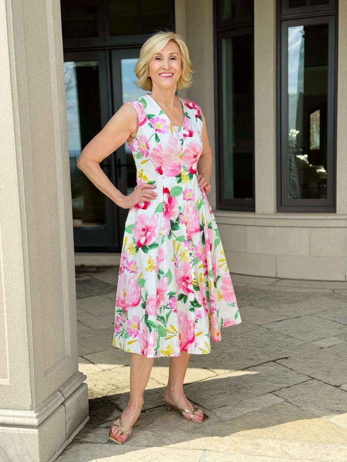 White Sleeveless Midi Dress with Pink and Yellow, Close-Up Take White Sleeveless Midi Dress with Pink and Yellow, Close-Up Take — Classy Floral Outfits