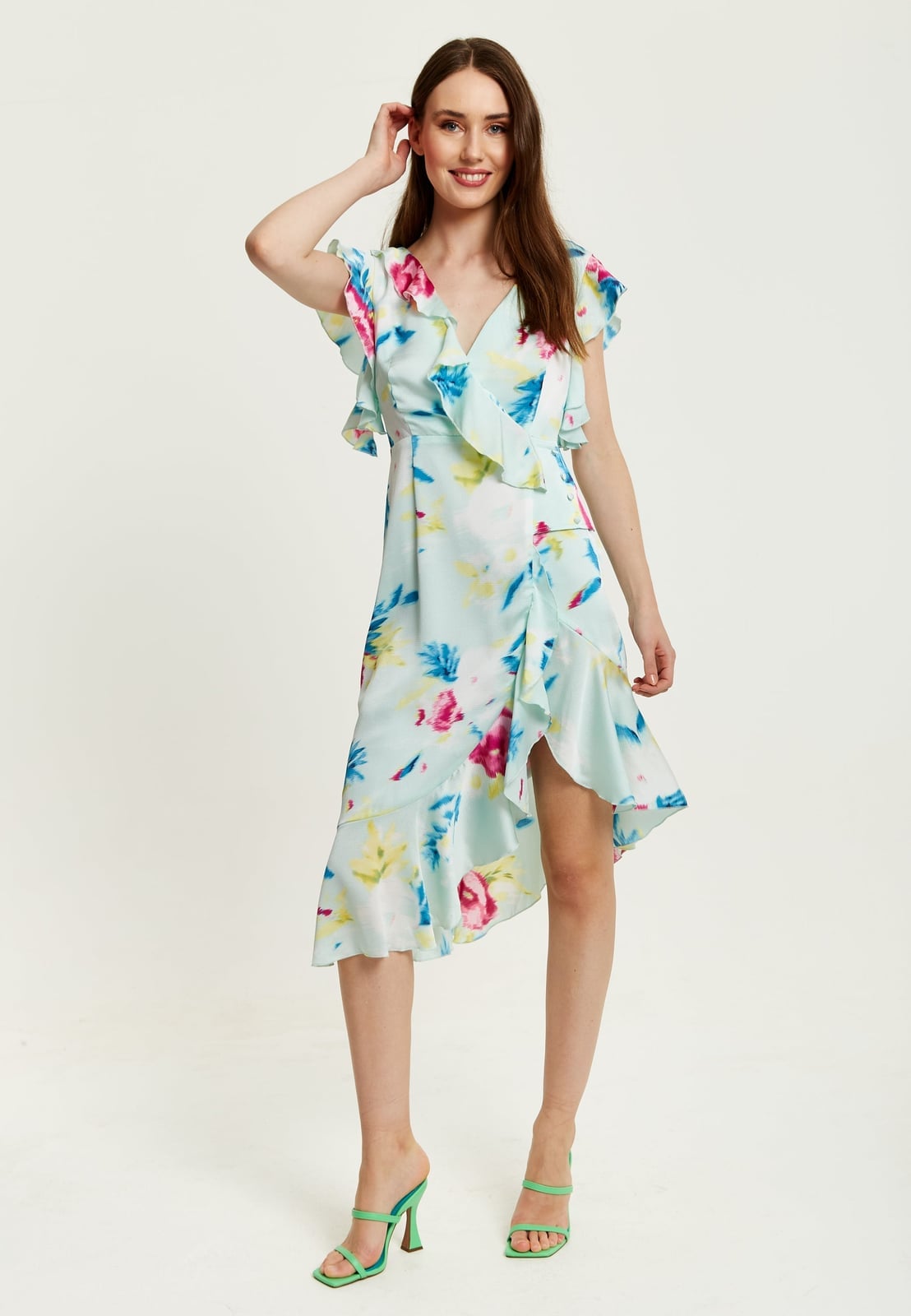 Mint Green Floral Wrap Dress with Ruffles Mint Green Floral Wrap Dress with Ruffles — Classy Floral Outfits
