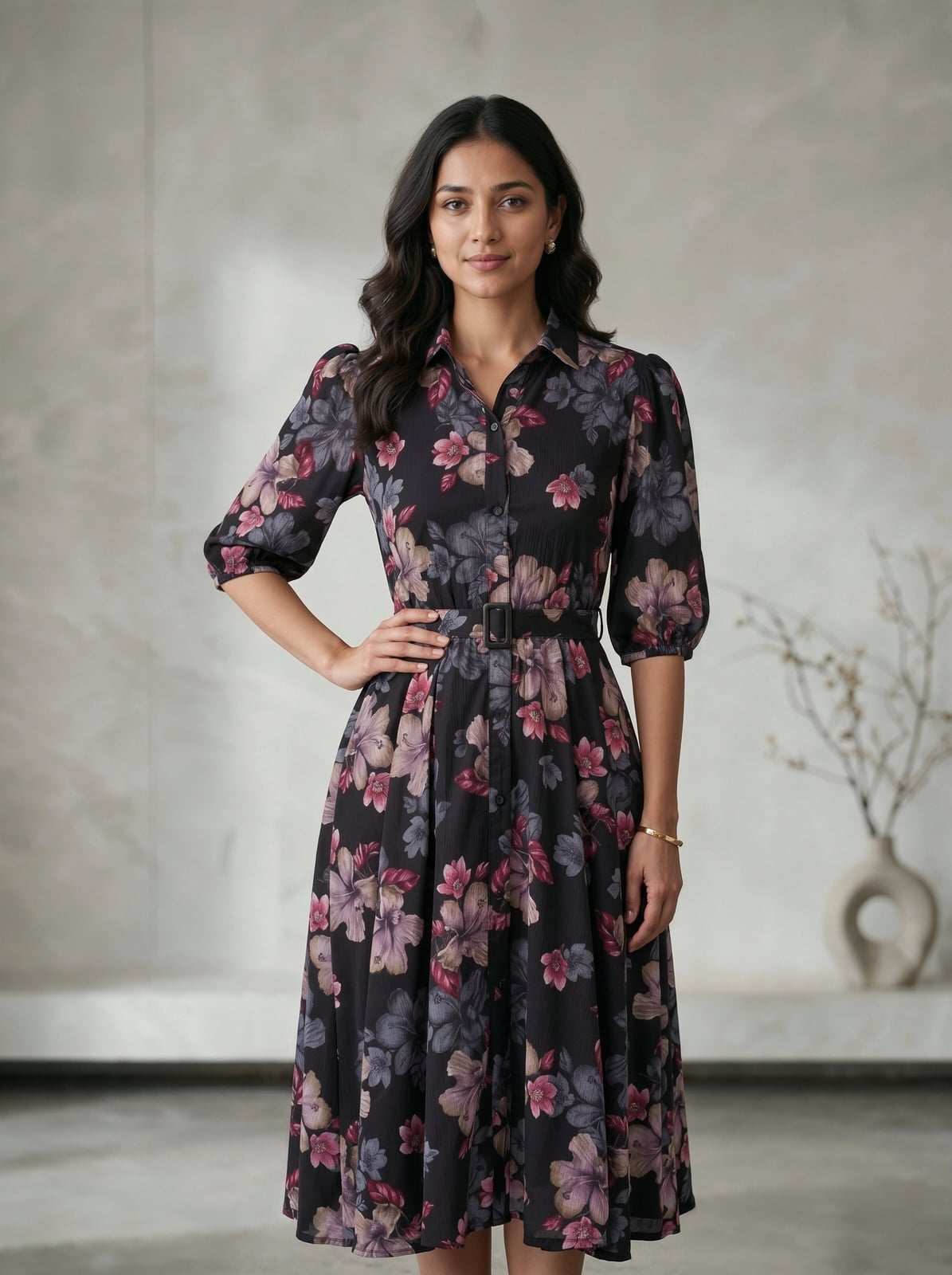 Chiffon Floral Shirt Dress with Puff Sleeves Chiffon Floral Shirt Dress with Puff Sleeves — Classy Floral Outfits