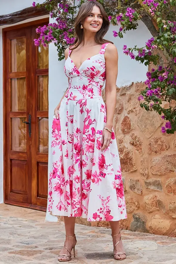 White Cotton Midi Dress with Pink Florals White Cotton Midi Dress with Pink Florals — Classy Floral Outfits