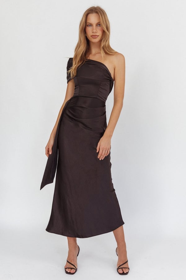 Dark Brown Satin One-Shoulder Midi Dress with Draped Sash — Classy Formal Outfits