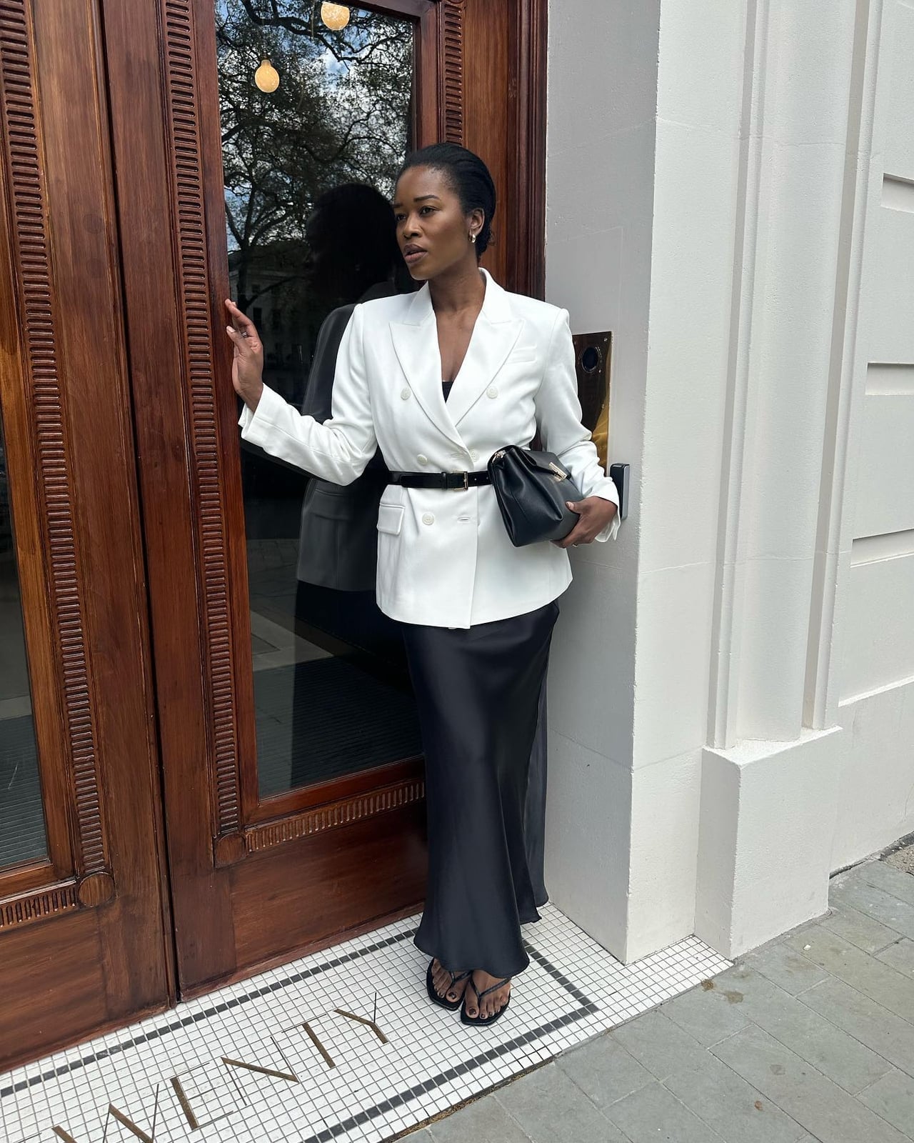 White Double-Breasted Blazer with Black Satin Skirt — Classy Formal Outfits