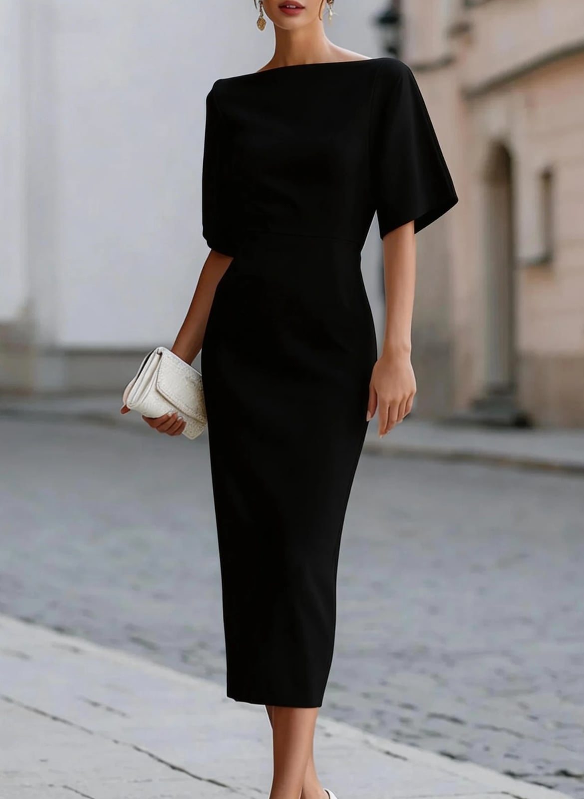 Black Crepe Boat Neck Midi Dress — Classy Formal Outfits