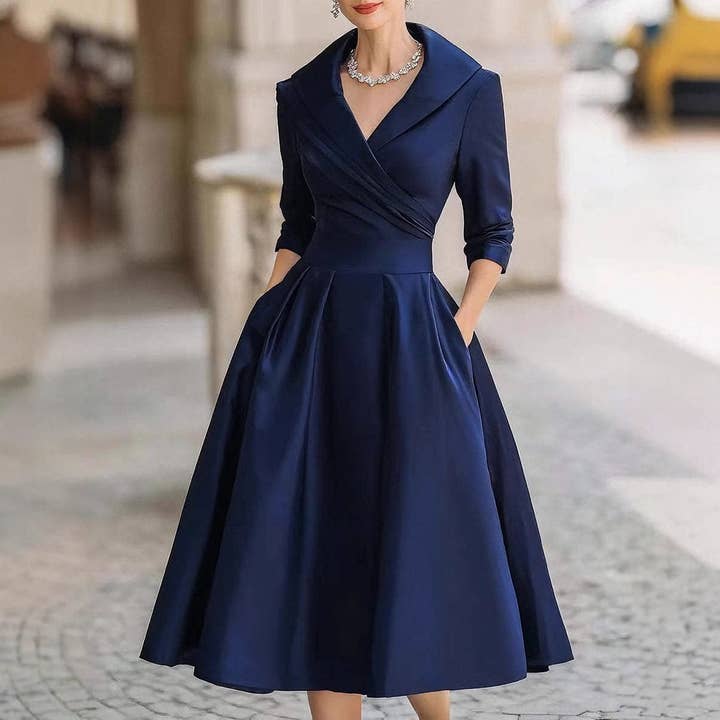 Deep Navy Satin Collared Midi Dress with Pockets — Classy Formal Outfits