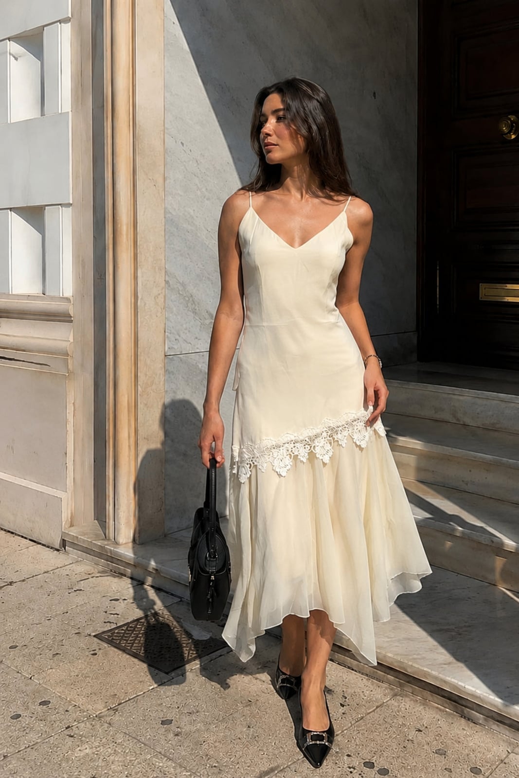 Cream Spaghetti Strap Slip Dress with Lace Trim — Classy Formal Outfits