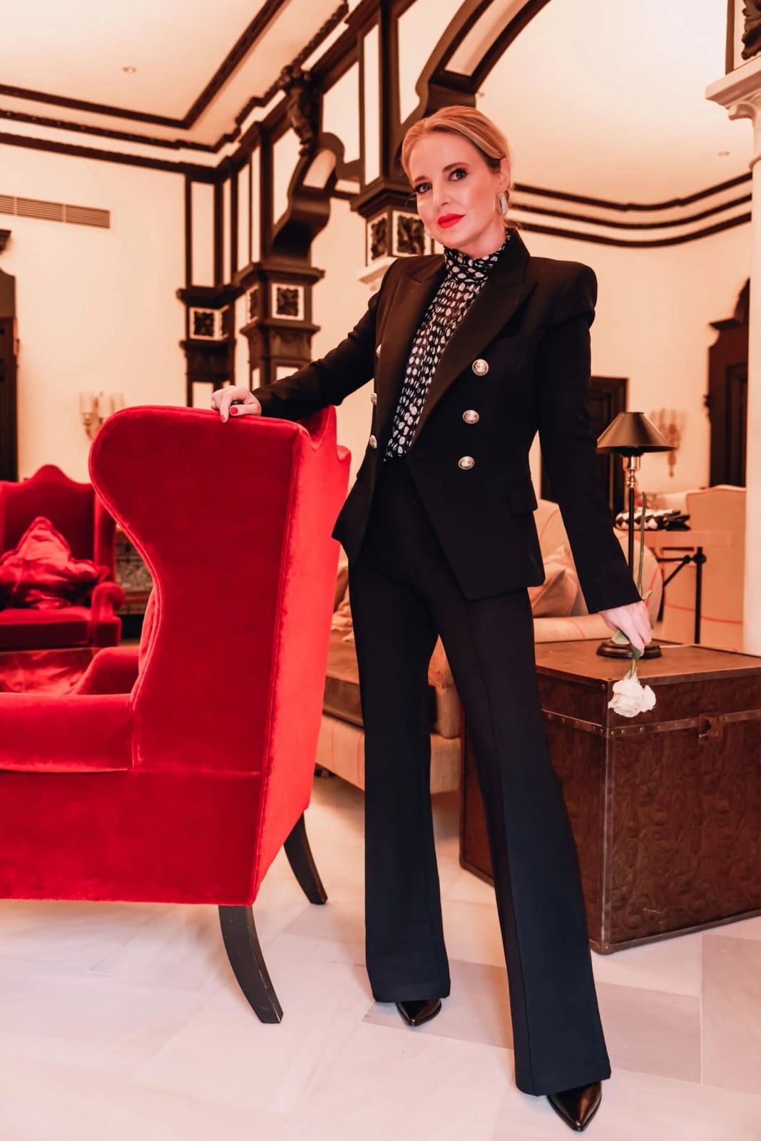 Black Double-Breasted Blazer with Wide-Leg Trousers — Classy Formal Outfits