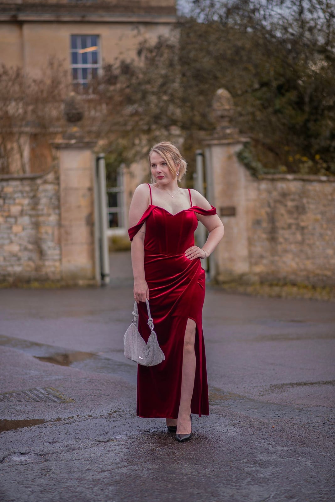 Red Velvet Off-the-Shoulder Dress with High Slit — Classy Formal Outfits