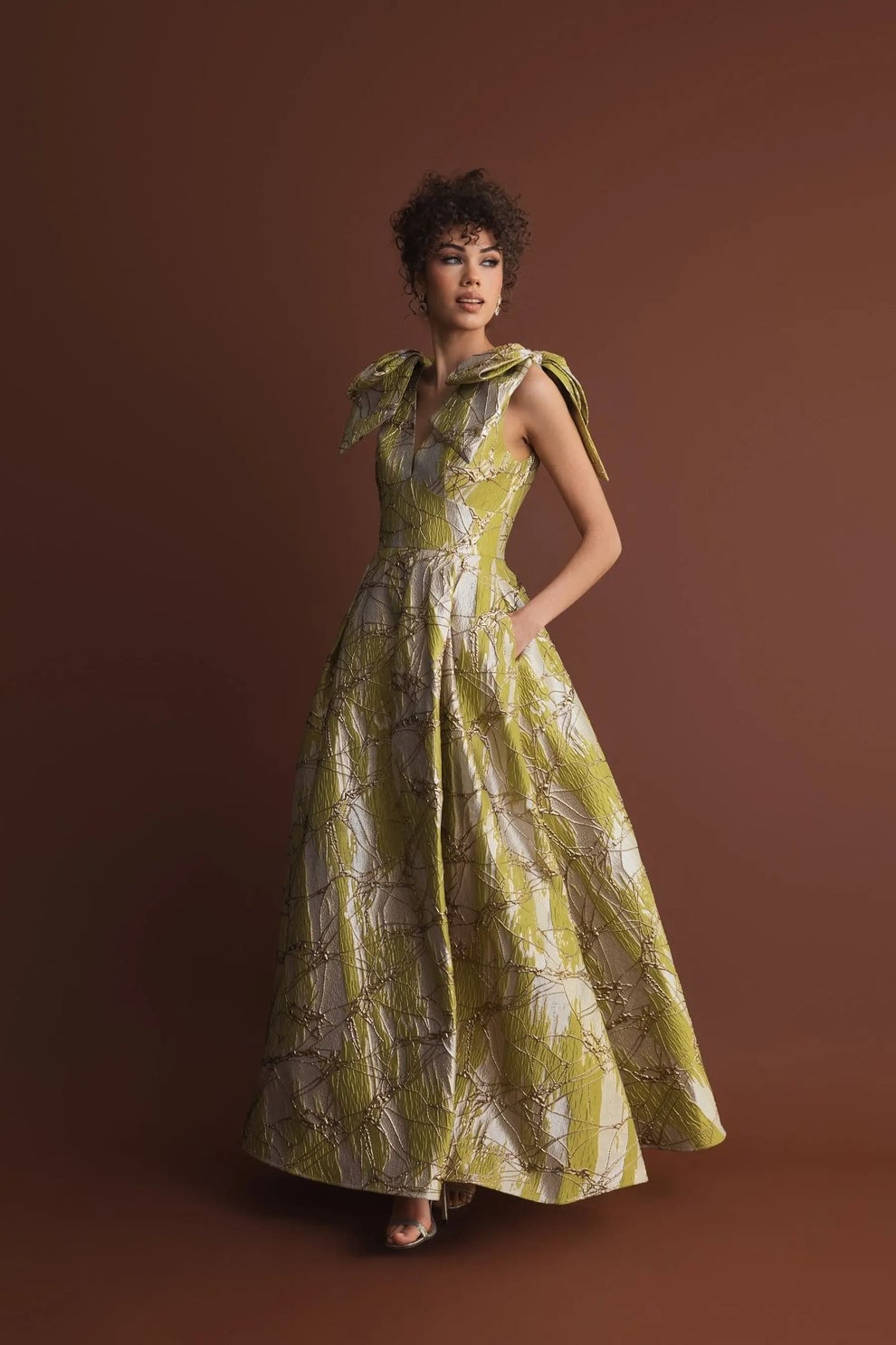 Lime Green Brocade Ballgown with Oversized Collar, Close-Up Take — Classy Formal Outfits