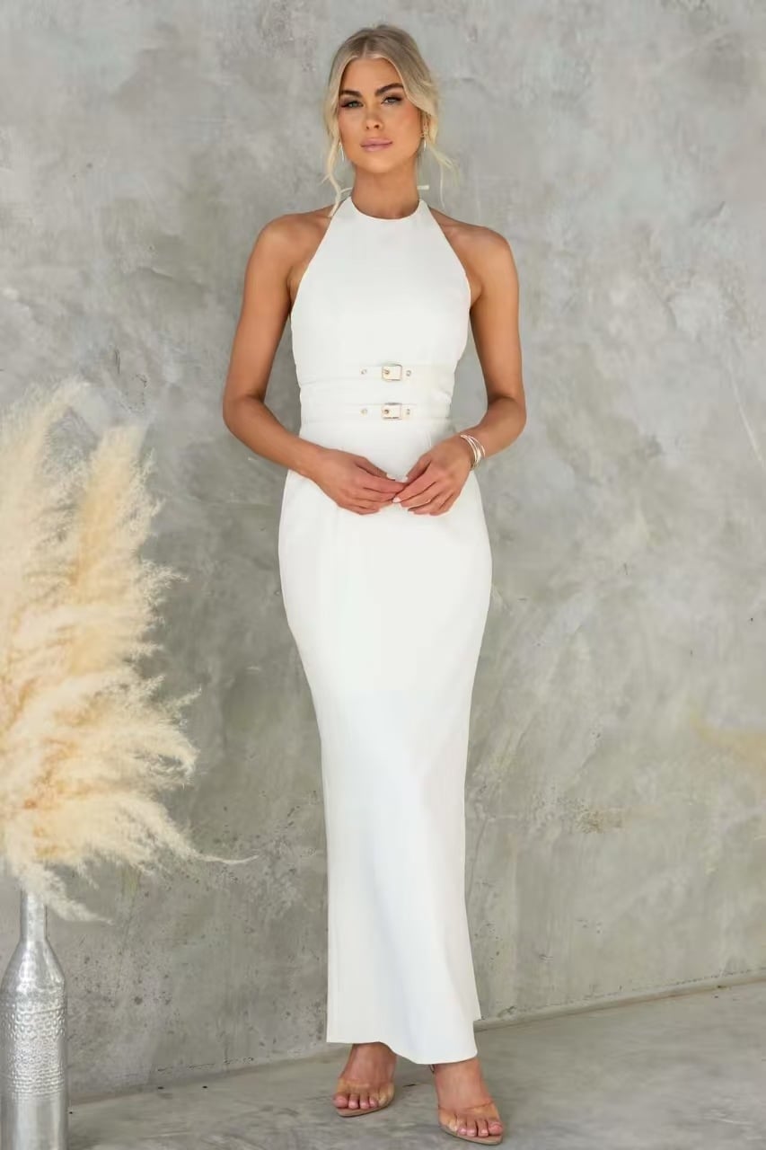 White Halter Neck Dress with Double Buckle Detail — Classy Formal Outfits