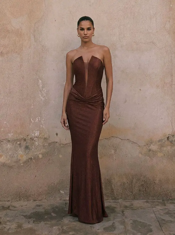 Bronze Metallic Knit Mermaid Gown with Deep V-Neck — Classy Formal Outfits