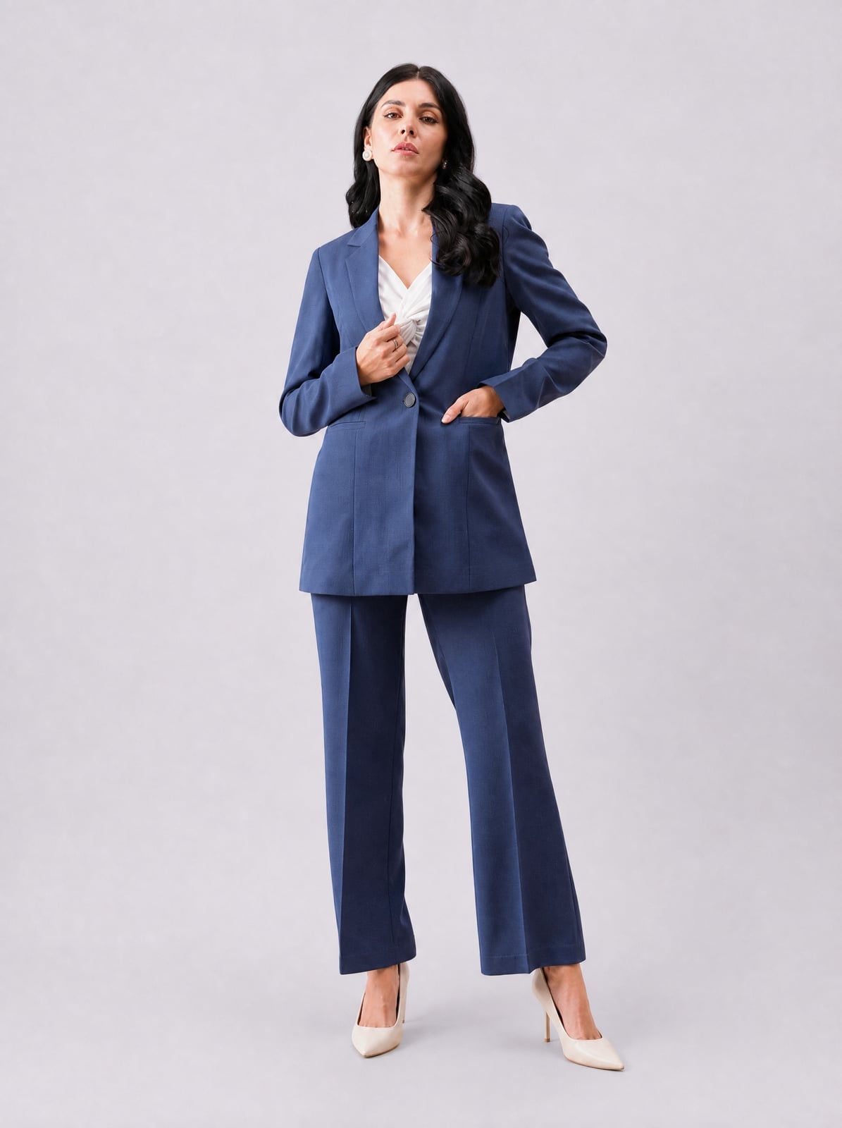 Navy Blue Pantsuit with White Lace Top — Classy Formal Outfits