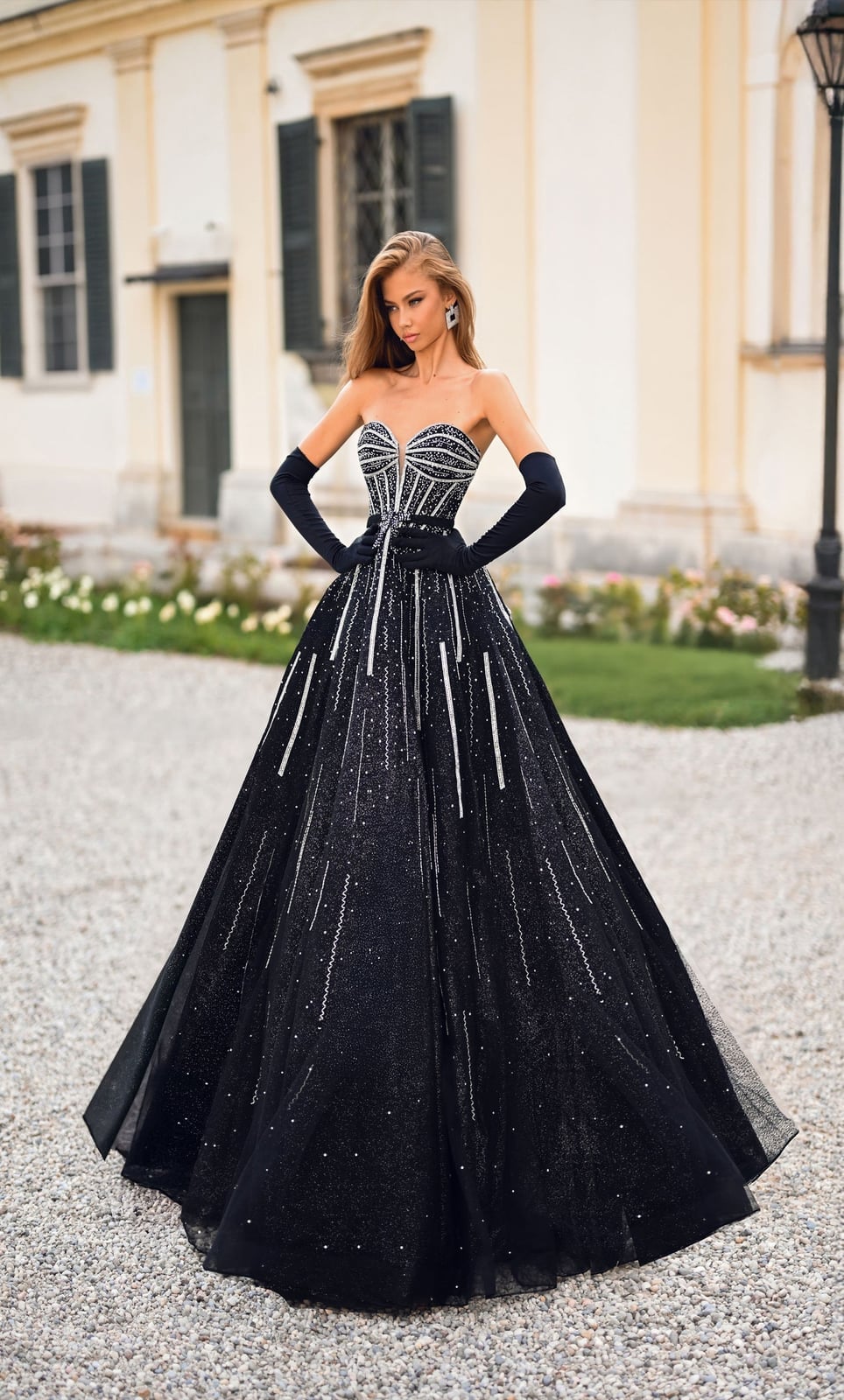 Sparkling Black Strapless Ballgown with Opera Gloves — Classy Formal Outfits