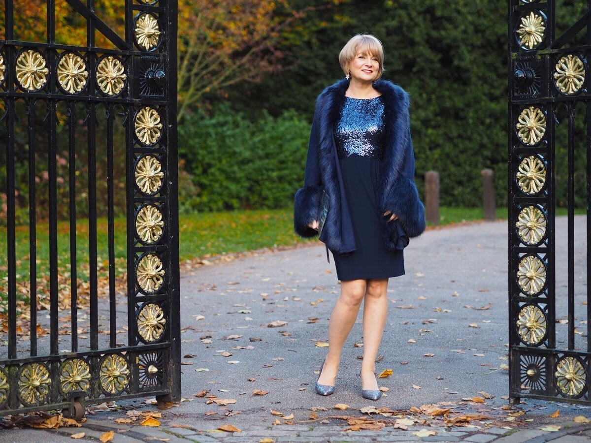 Navy Dress with Sequin Top and Faux Fur Coat — Classy Formal Outfits