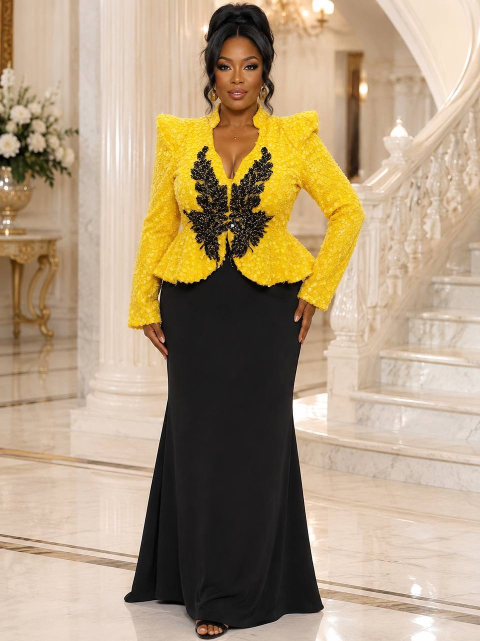 Yellow Peplum Jacket with Black Mermaid Skirt — Classy Formal Outfits