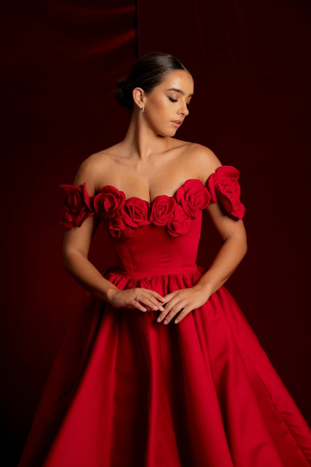 Red Off-the-Shoulder Ballgown with Fabric Roses — Classy Formal Outfits