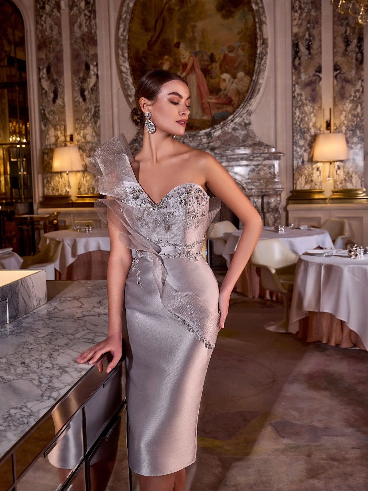 Silver One-Shoulder Cocktail Dress with Organza Ruffle — Classy Formal Outfits