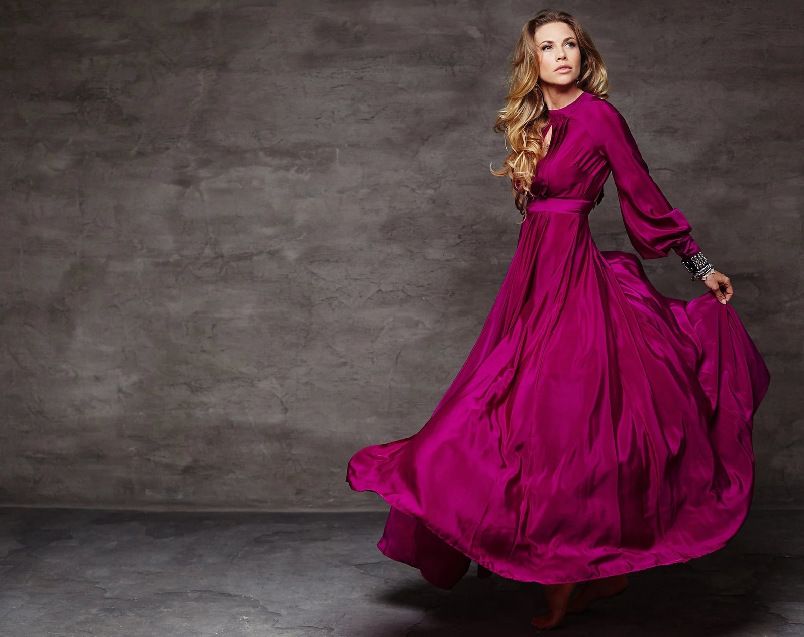 Magenta Silk Flowing Dress with Long Sleeves — Classy Formal Outfits