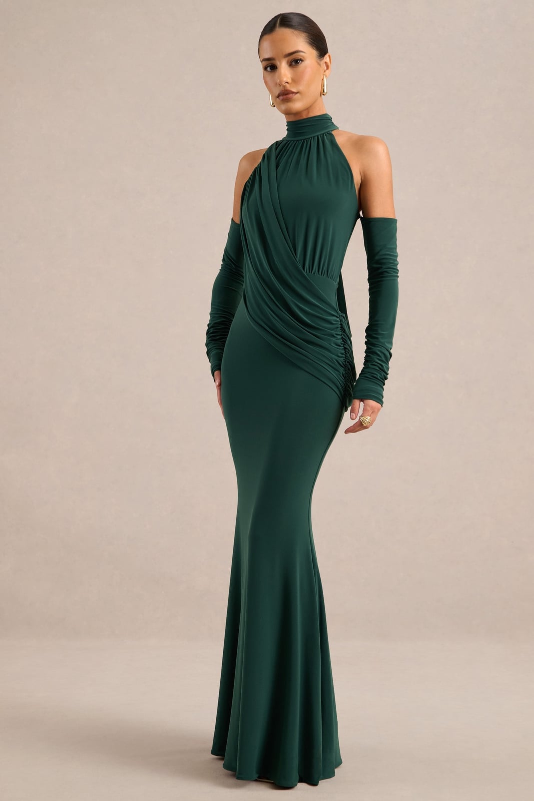 Dark Green Jersey Gown with Draped Neckline and Detached Sleeves — Classy Formal Outfits
