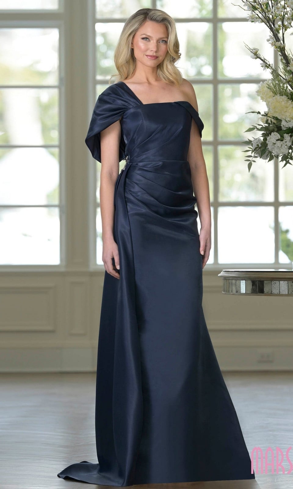 Navy Blue Satin One-Shoulder Gown with Draped Detail — Classy Formal Outfits