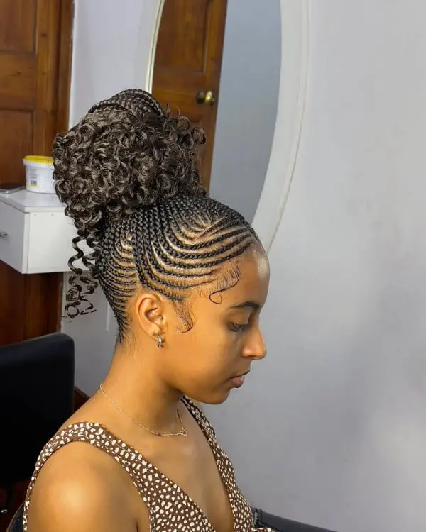 Dark Brown Fulani Braids In A High Bun With Curls — Classy Fulani Braids with Curls