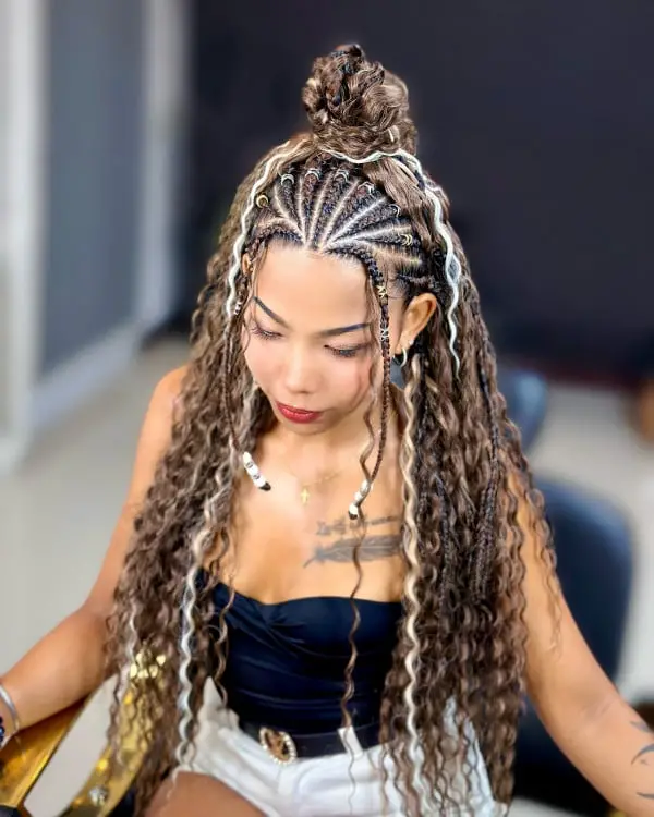 Dark Brown Fulani Braids With Blonde Highlights And Top Knot — Classy Fulani Braids with Curls